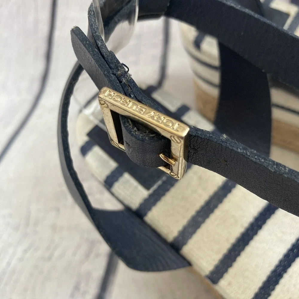 Tory Burch Sandal Women sz 10B Leather Striped Espadrille Blue Ivory Ankle Strap